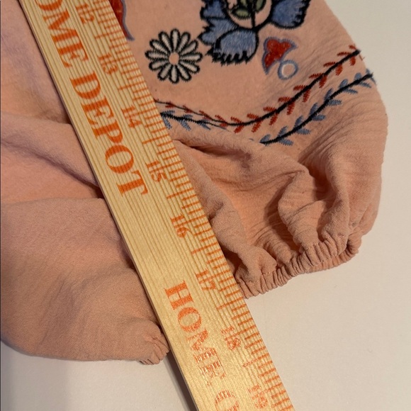 Anthropology Fig and Flower Peach Blouse with Navy Embroidery/ Large 3/4 Sleeve - Picture 7 of 7